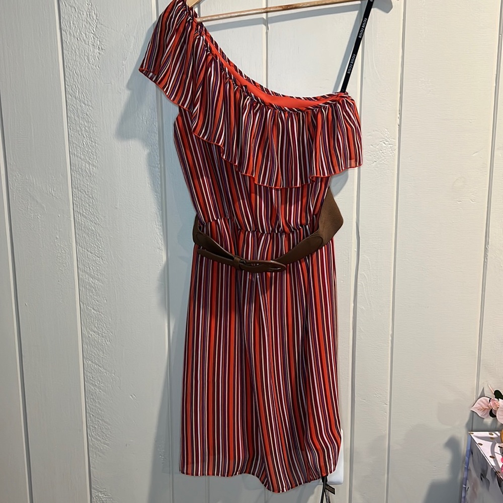 Bisou Bisou Multi Colored Dress w Brown Belt One Shoulder